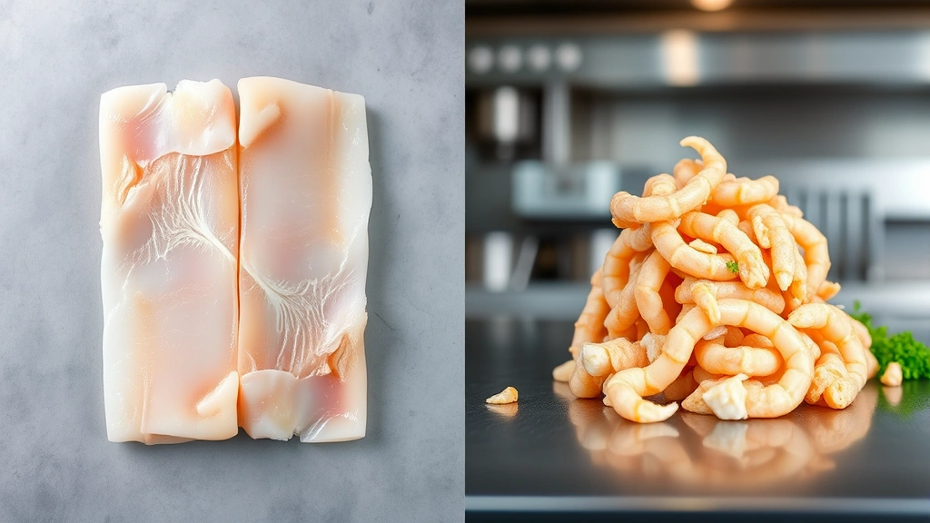 Split-screen comparison: raw white fish fillets on left, finished imitation crab product on right, showing transformation process, bright kitchen lighting, professional food styling