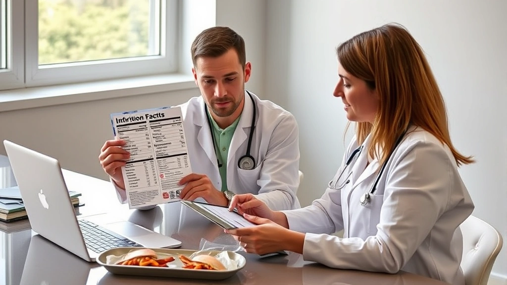 Nutritionist reviewing nutrition labels and imitation crab packaging at modern desk with laptop, tablet showing nutritional data charts, natural window lighting, professional healthcare setting