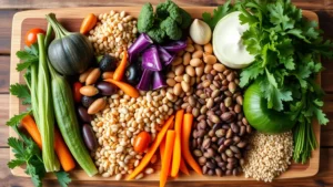 Colorful assortment of fresh vegetables, legumes, and grains arranged on a wooden cutting board, natural lighting, professional food photography style, showing nutrient-dense whole foods ready for meal preparation