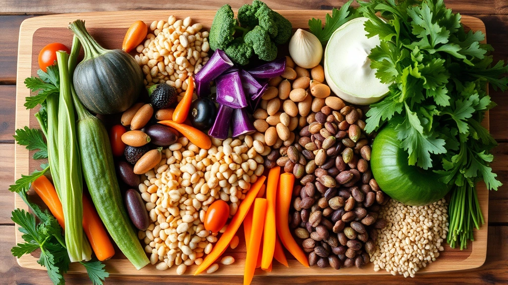 Colorful assortment of fresh vegetables, legumes, and grains arranged on a wooden cutting board, natural lighting, professional food photography style, showing nutrient-dense whole foods ready for meal preparation