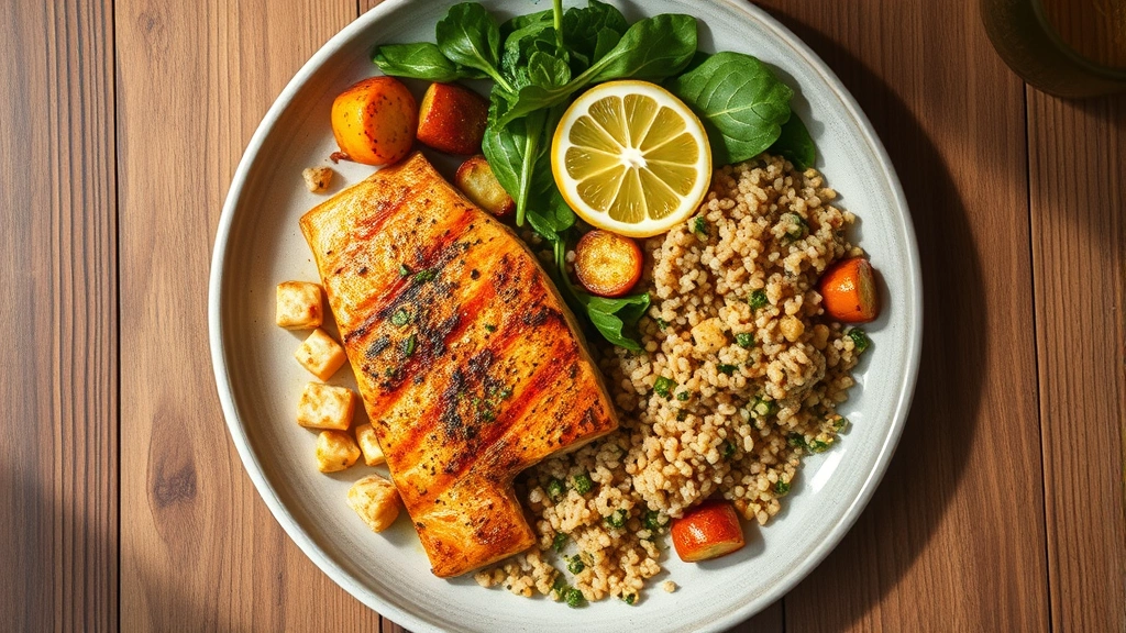 Overhead view of a balanced plate with grilled salmon, roasted vegetables, quinoa, and leafy greens garnished with olive oil and lemon, professional food styling, warm natural lighting