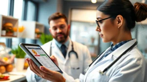 Professional nutritionist analyzing burger nutritional information on tablet, modern clinic setting with healthy food items visible in background, warm natural lighting, focused analytical expression