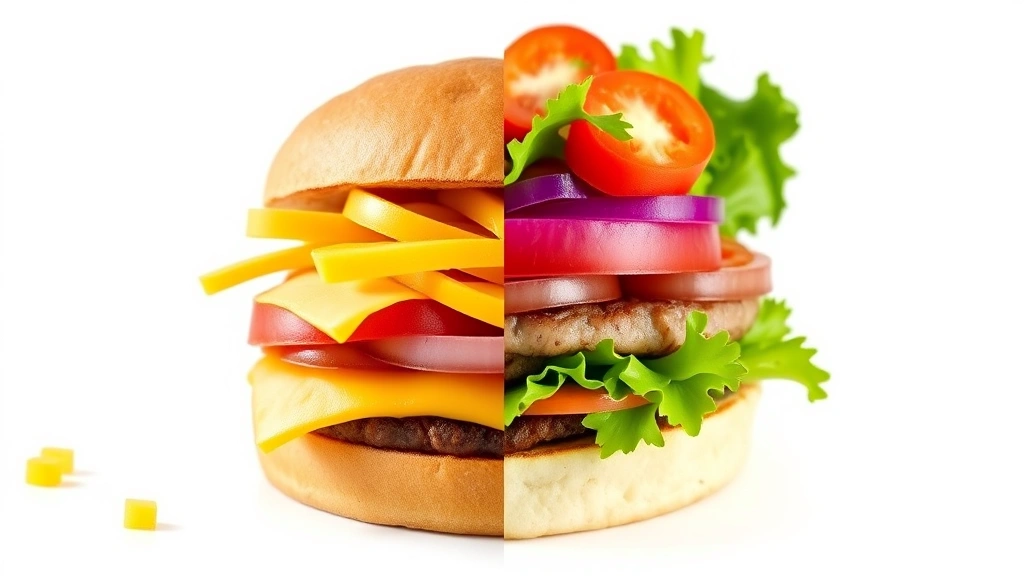 Split-screen comparison showing In-N-Out burger deconstructed with visible ingredients on left, fresh vegetables and lean proteins on right, clean white background, professional food photography style