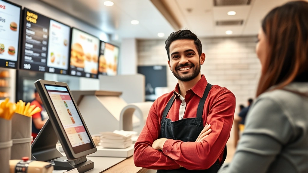 Person confidently ordering at fast-food counter with digital menu board visible, cashier smiling, modern restaurant interior, representing healthy conscious consumer making informed dietary choices