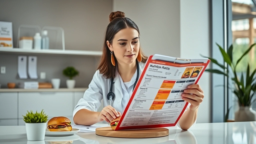 Professional dietitian reviewing fast food nutrition labels at modern clinic desk, holding clipboard with burger meal composition data, natural window lighting, contemporary workspace aesthetic