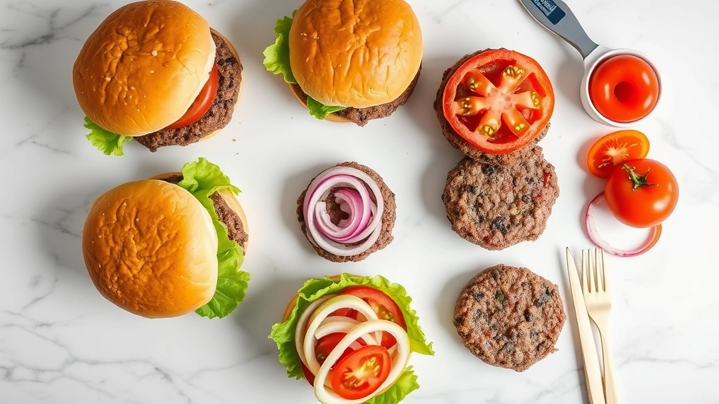 Overhead flat-lay of deconstructed In-N-Out burger showing separated components—lettuce wraps, beef patties, fresh tomatoes, onions—on marble surface with nutritional measurement tools nearby, professional food photography style