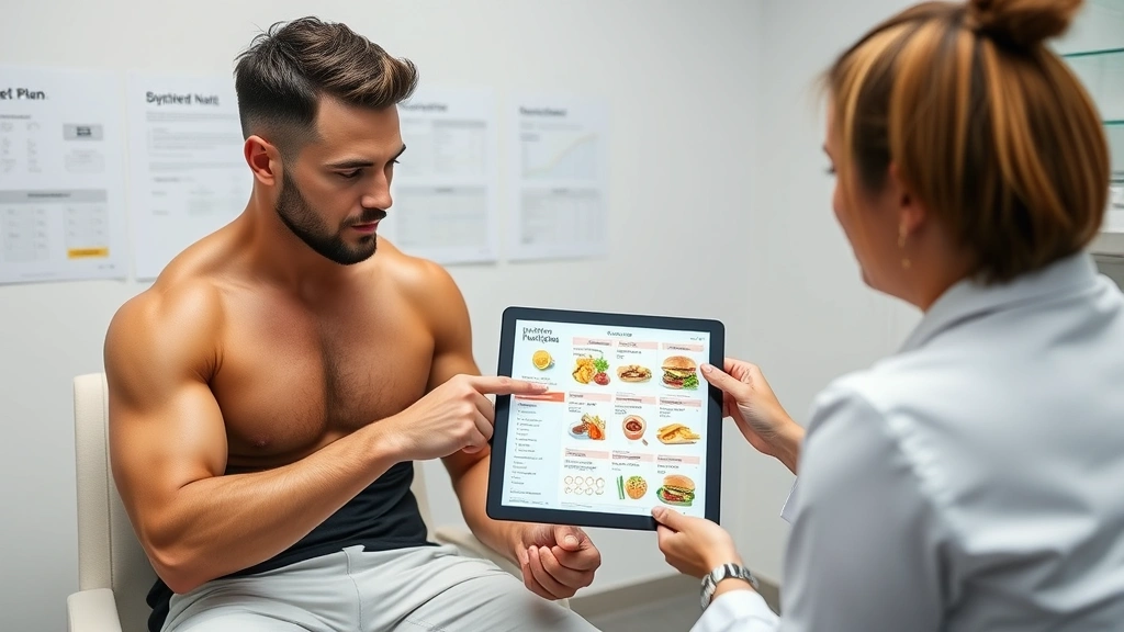 Athletic male client reviewing meal plan with registered dietitian nutritionist in consultation room, pointing at customized fast-food nutrition guide on tablet, professional healthcare setting with charts visible