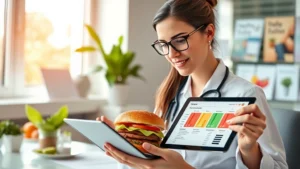 Professional dietitian reviewing nutritional analysis charts and burger composition data on a modern digital tablet, bright clinical office setting with healthy eating guides visible, warm natural lighting, focused expression studying food nutrition information