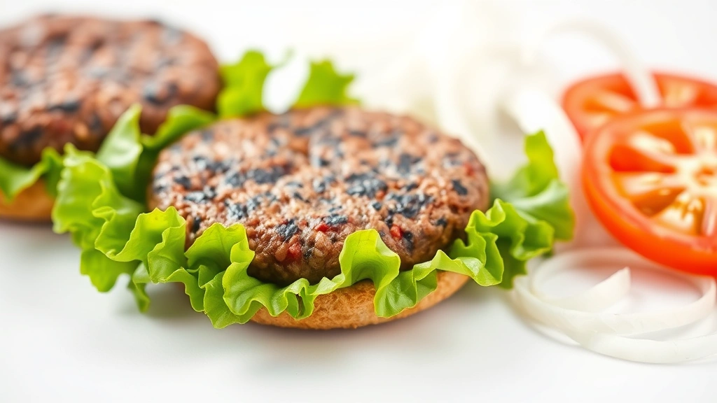 Close-up of fresh burger ingredients—beef patty, lettuce leaves, tomato slices, onions—arranged artfully on white surface, emphasizing quality and freshness, natural daylight, macro photography style highlighting food texture and detail