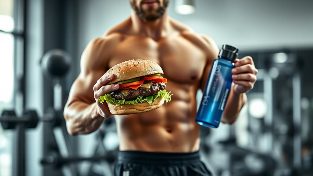 Fitness enthusiast holding burger and water bottle in gym environment, muscular physique visible, protein-focused meal choice, modern gym setting with equipment blurred in background, professional photography, healthy lifestyle context