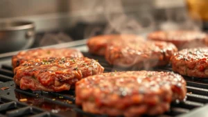 Close-up of fresh beef patties sizzling on a griddle with steam rising, professional kitchen lighting, no text or branding visible, photorealistic food photography