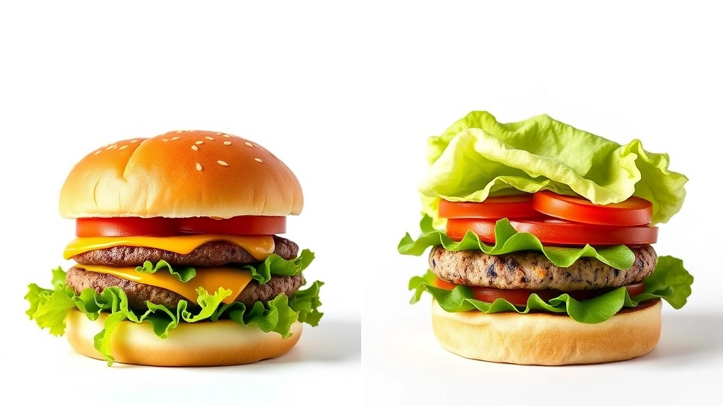 Split-screen comparison of a classic burger versus a protein style lettuce-wrapped burger on white background, showing nutritional contrast, no packaging or logos, clean professional styling