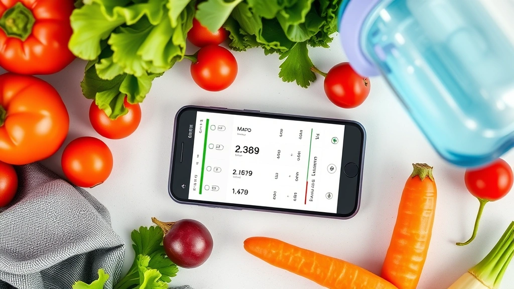 Overhead flat lay of nutrition tracking app on smartphone screen showing macro calculations, surrounded by fresh vegetables and water bottle, modern wellness aesthetic, no readable interface text