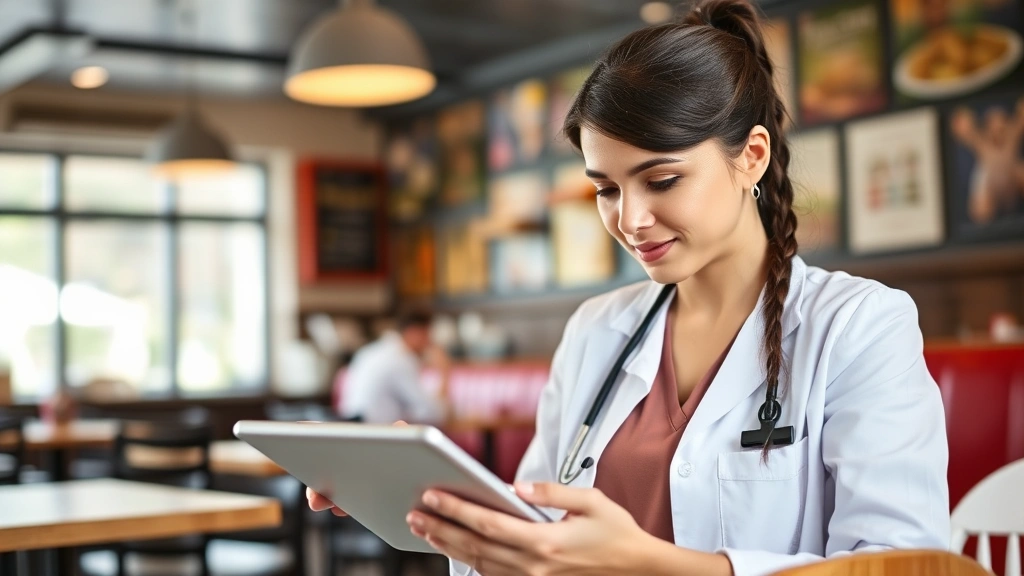 Professional dietitian reviewing nutrition facts on tablet, casual restaurant setting, natural lighting, focused expression analyzing data