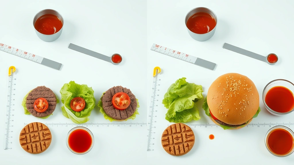 Split-screen comparison showing In-N-Out burger components—beef patties, lettuce, tomato, sauce—arranged on white surface with measurement tools, clinical food photography style