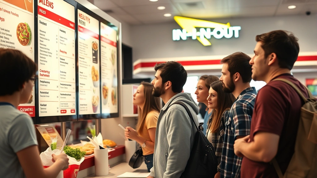 Diverse group of health-conscious customers at In-N-Out counter examining menu board, bright casual lighting, real people making dietary decisions