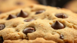 Close-up of freshly baked chocolate chip cookie with melting chocolate and steam rising, warm golden-brown surface texture detail, soft lighting emphasizing richness