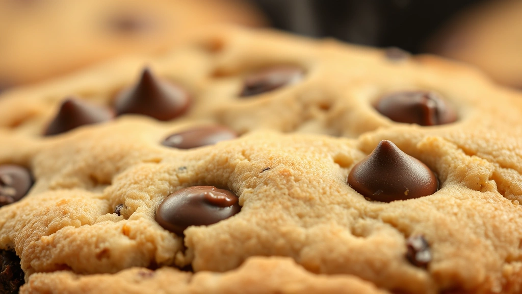 Close-up of freshly baked chocolate chip cookie with melting chocolate and steam rising, warm golden-brown surface texture detail, soft lighting emphasizing richness