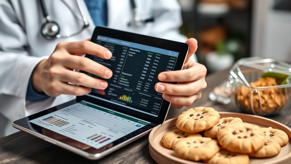 Nutritionist reviewing food labels and cookie ingredients with tablet showing dietary data charts, professional healthcare setting with nutritional assessment materials