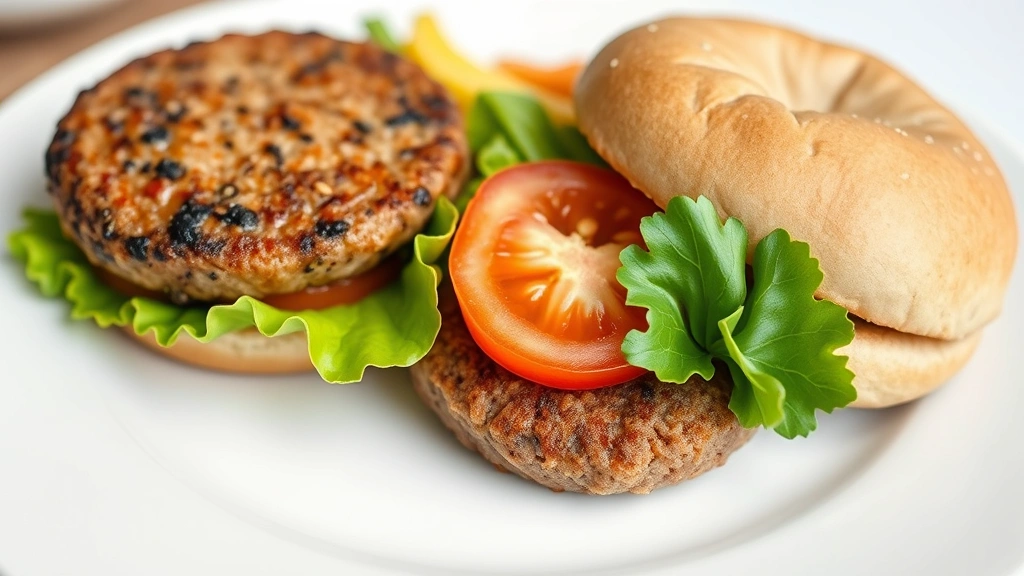 Close-up of diverse fast food meal components separated on white plate: burger patty, lettuce, tomato slice, whole grain bun, displaying nutritional transparency and food quality assessment