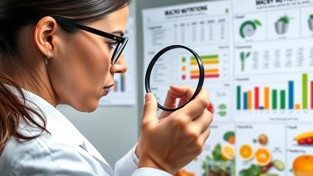 Nutritionist comparing sodium content indicators and ingredient labels through magnifying glass, surrounded by macro nutrient visualization graphics and dietary reference intake charts, clinical environment