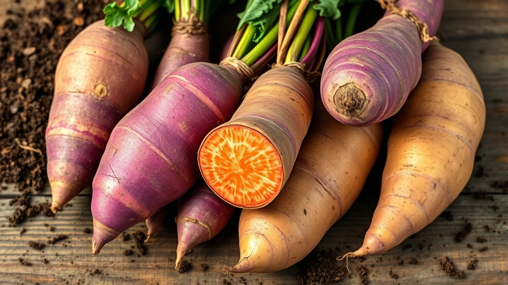 Vibrant purple and golden Japanese sweet potatoes freshly harvested, displayed on rustic wooden surface with soil particles, natural lighting highlighting their rich pigmentation and smooth texture, photorealistic botanical food photography