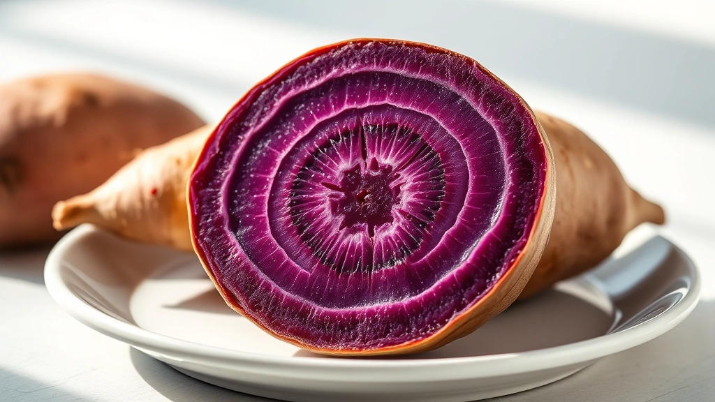 Cross-section of a purple Japanese sweet potato showing deep violet flesh with golden undertones, arranged on white ceramic plate with subtle morning light creating depth, emphasizing the natural color intensity and nutrient-rich appearance