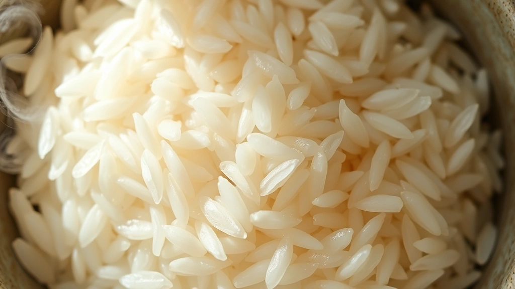 Close-up overhead view of cooked jasmine rice grains in a ceramic bowl with steam rising, natural daylight illumination, shallow depth of field focusing on individual rice grain texture and translucent appearance, minimalist composition