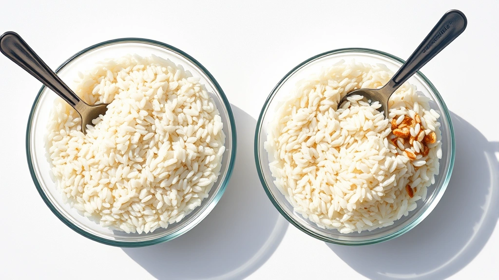 Flat lay arrangement of jasmine rice varieties comparison showing white rice grains and brown rice grains in separate glass bowls with measurement spoons, cool natural lighting from the side creating distinct shadows, clean white background emphasizing grain color differences