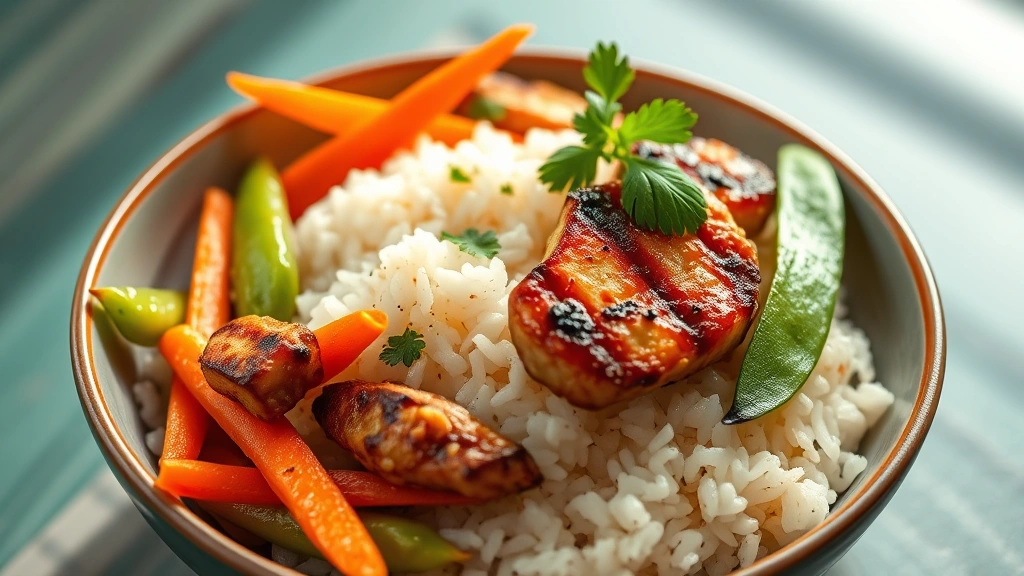 Vibrant food styling of a complete jasmine rice meal bowl featuring cooked jasmine rice base, grilled protein, fresh colorful vegetables like snap peas and carrots, garnished with fresh herbs, professional restaurant-style plating with natural side lighting