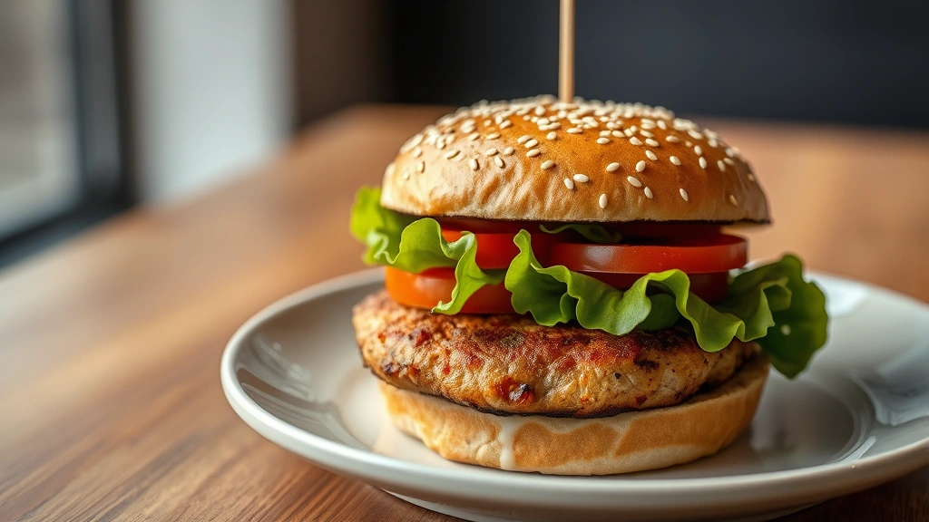 Close-up of a flame-grilled burger with sesame seed bun, fresh lettuce, tomato slices, and golden beef patty on modern plate, natural lighting, professional food photography style, no text or labels visible