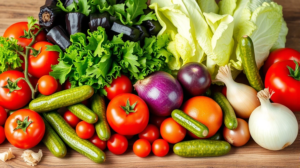 Colorful array of fresh vegetables including tomatoes, lettuce, pickles, and onions arranged artistically on wooden surface, vibrant natural colors, studio lighting, no packaging or text