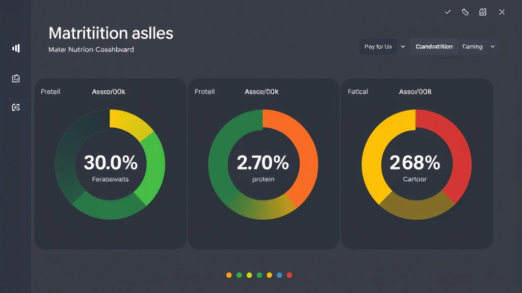 Digital nutrition analysis dashboard showing macronutrient breakdown with protein, carbohydrate, and fat percentages in circular charts, clean modern design, no specific brand names or food images visible