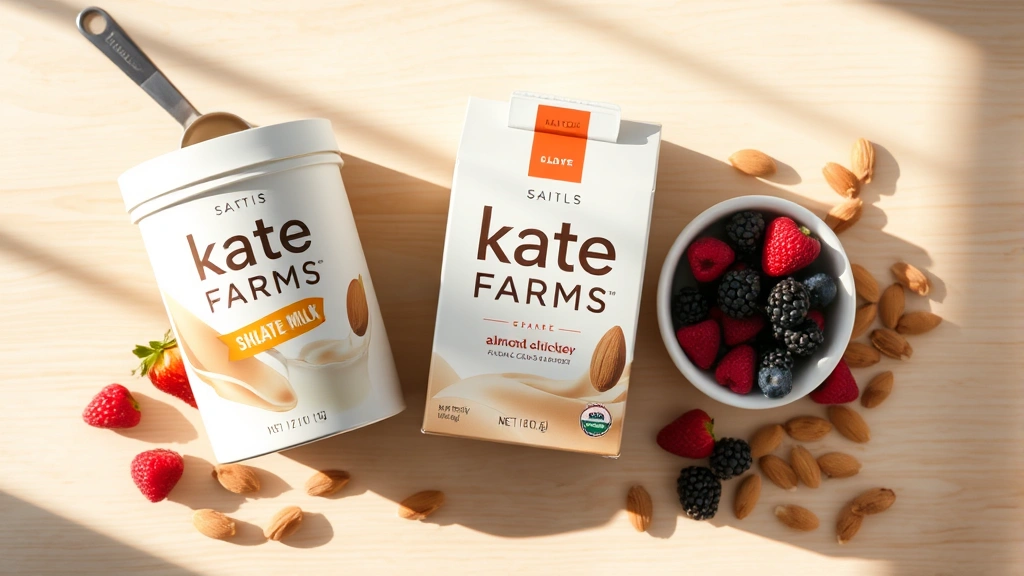 Flat lay composition showing Kate Farms shake powder container, measuring scoop, almond milk carton, fresh berries, and raw almonds arranged artfully on light wood table with morning sunlight