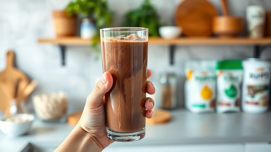 Person holding a tall glass of chocolate nutrition shake with smooth, rich color, with blurred kitchen background showing healthy ingredients like oats, hemp seeds, and organic products on shelves