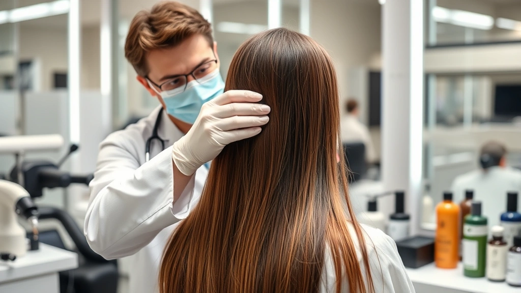 Professional hair care expert conducting intensive moisture treatment analysis on long, damaged brunette hair in modern salon laboratory setting with scientific equipment and product bottles