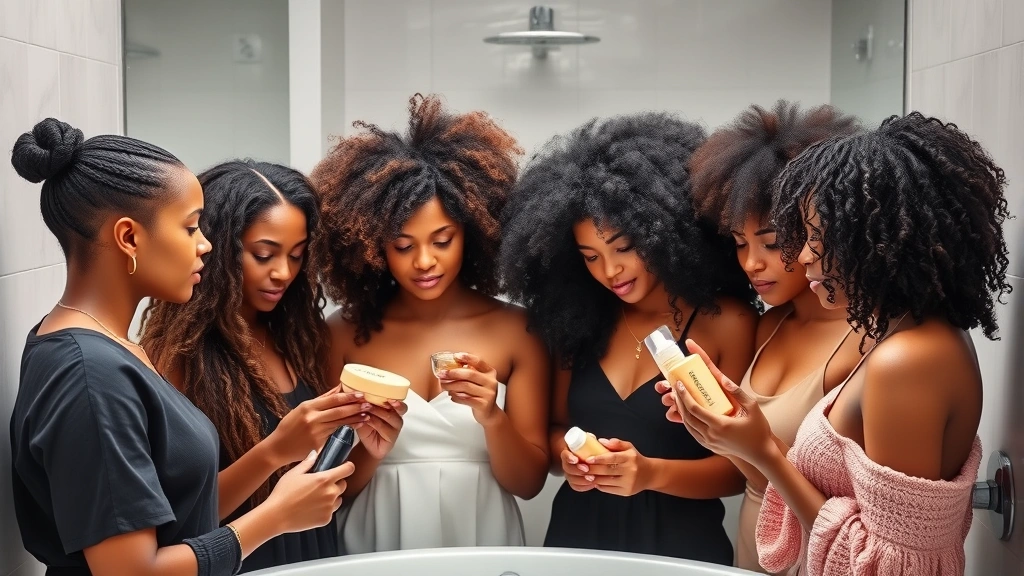 Diverse group of people with different hair types examining luxury hair care products in minimalist bathroom environment, showcasing various textures from straight to curly to coily hair