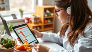 Professional nutritionist analyzing fast food nutrition labels at a modern clinic desk with healthy food items and a tablet displaying nutrition data, natural lighting, focused analytical expression