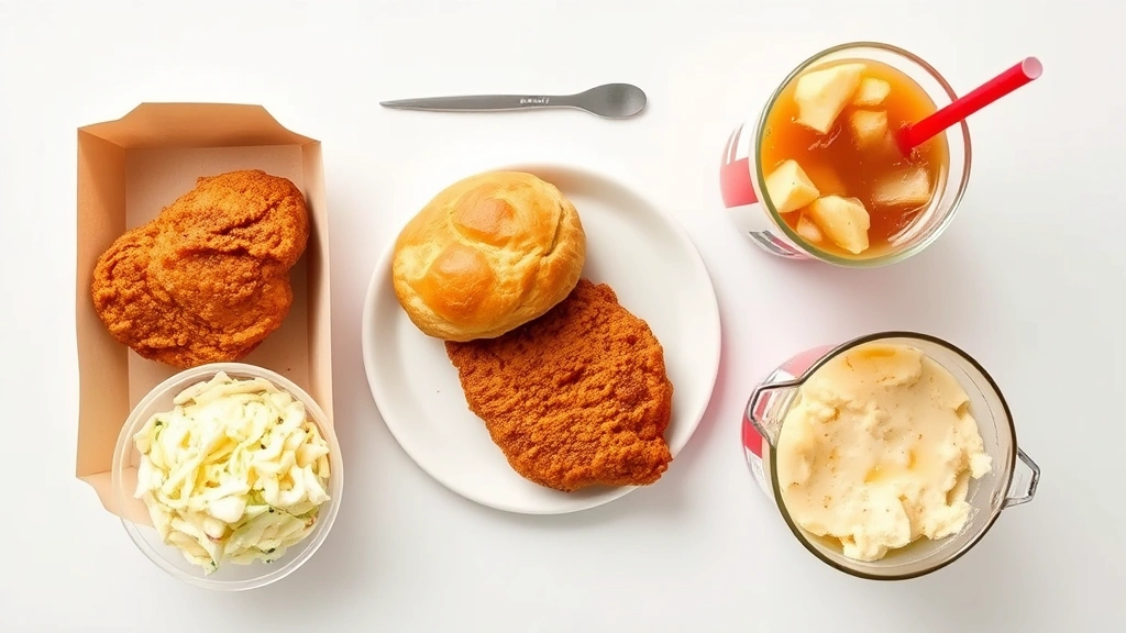 Overhead flat lay of KFC meal components arranged neatly including fried chicken piece, biscuit, mashed potatoes, coleslaw, and beverage on white surface with nutritional context visualization