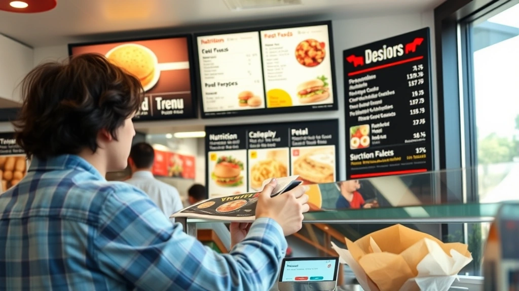 Person making conscious healthy food choice at fast food counter, examining menu board with nutrition information, bright modern restaurant setting, decision-making moment captured naturally