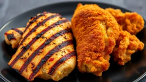 Close-up of grilled and fried chicken pieces side by side on a dark plate, showing texture differences, professional food photography, natural lighting, no text or labels visible