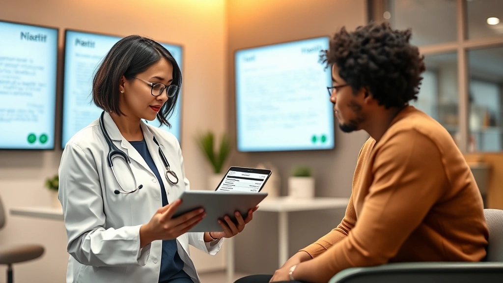Registered dietitian reviewing nutrition facts on tablet while consulting with diverse client in modern wellness clinic, warm lighting, professional environment, no screens showing text