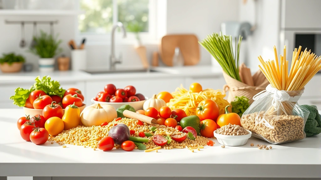 Colorful fresh vegetables and whole grain pasta arranged on a modern white kitchen counter with natural daylight streaming across, emphasizing healthy food preparation and nutritional variety for home cooking