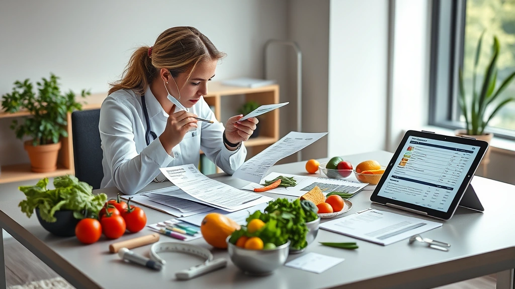 Professional nutritionist analyzing food labels and nutrition documents on a modern desk with fresh vegetables, measuring tools, and digital tablets displaying nutritional data, natural lighting, realistic modern office setting