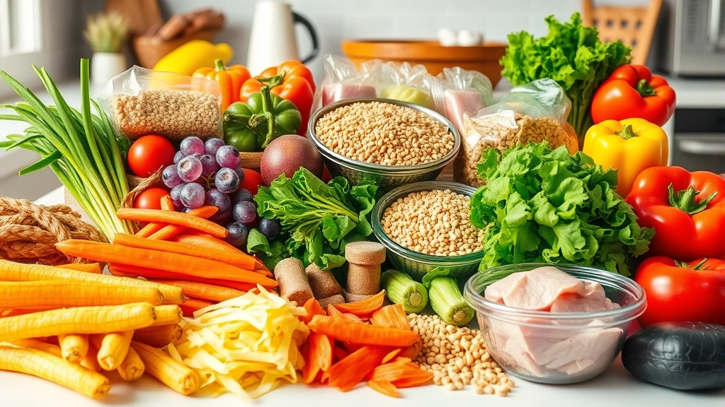 Colorful array of fresh vegetables, whole grains, and lean proteins arranged on a bright kitchen counter with natural lighting, representing healthy meal components to pair with convenience foods