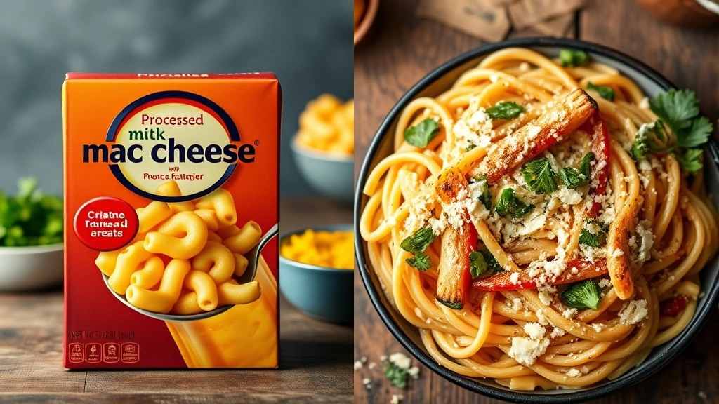 Split-screen comparison showing packaged processed mac and cheese box next to homemade fresh pasta dish with real cheese and vegetables, professional food photography styling