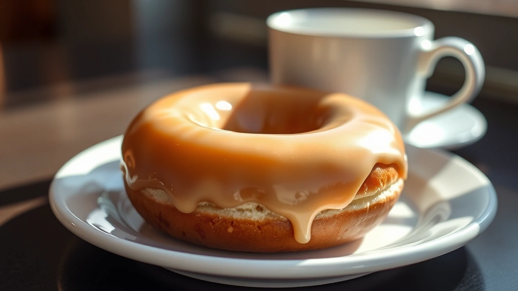 Close-up of a freshly glazed Krispy Kreme donut on a white ceramic plate, morning sunlight creating glossy highlights on glaze, blurred coffee cup in background, photorealistic food photography