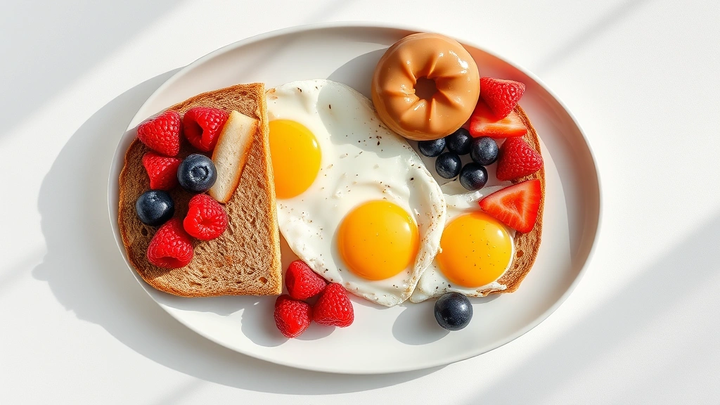 Overhead flat-lay composition of balanced breakfast plate with whole grain toast, berries, eggs, and a small glazed donut as accent, natural morning lighting, minimalist styling, photorealistic