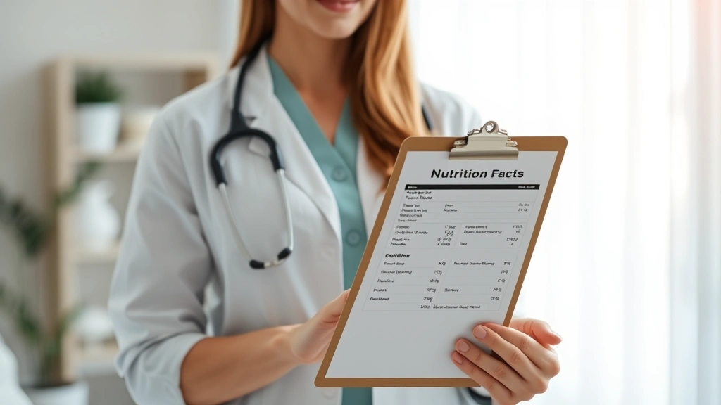 Professional dietitian holding a clipboard reviewing nutrition facts, modern clinic setting with natural lighting, soft focus background