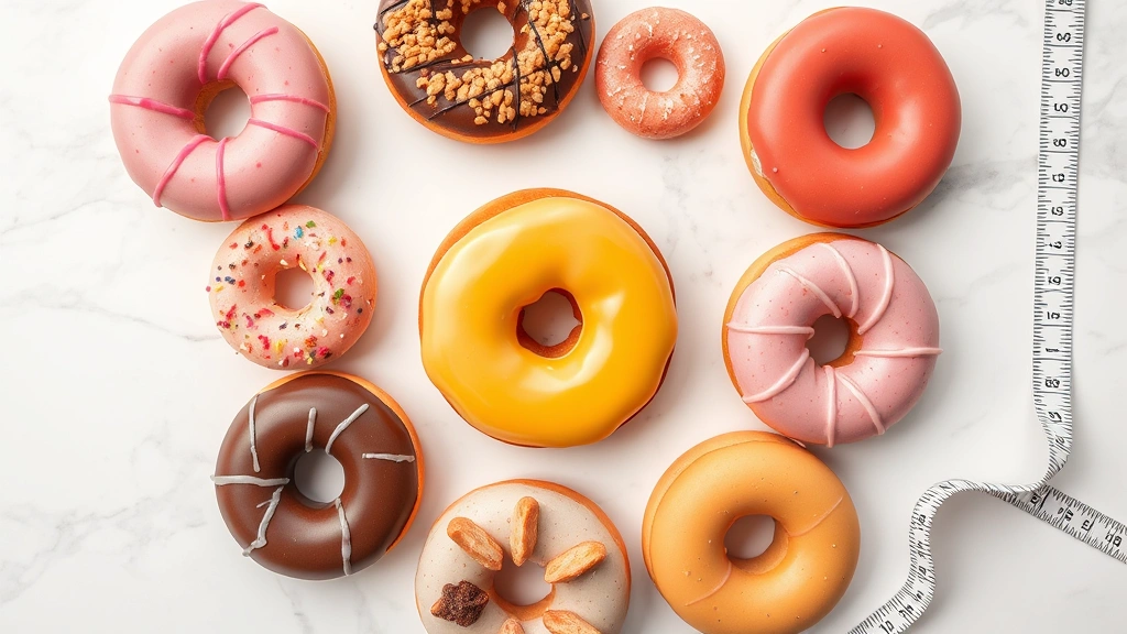 Assorted colorful donuts arranged on white marble surface with measurement tape, fresh bakery aesthetic, overhead composition